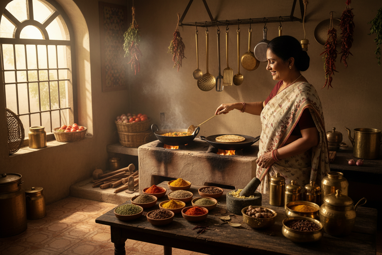 women cooking food with spices on the table  india feel